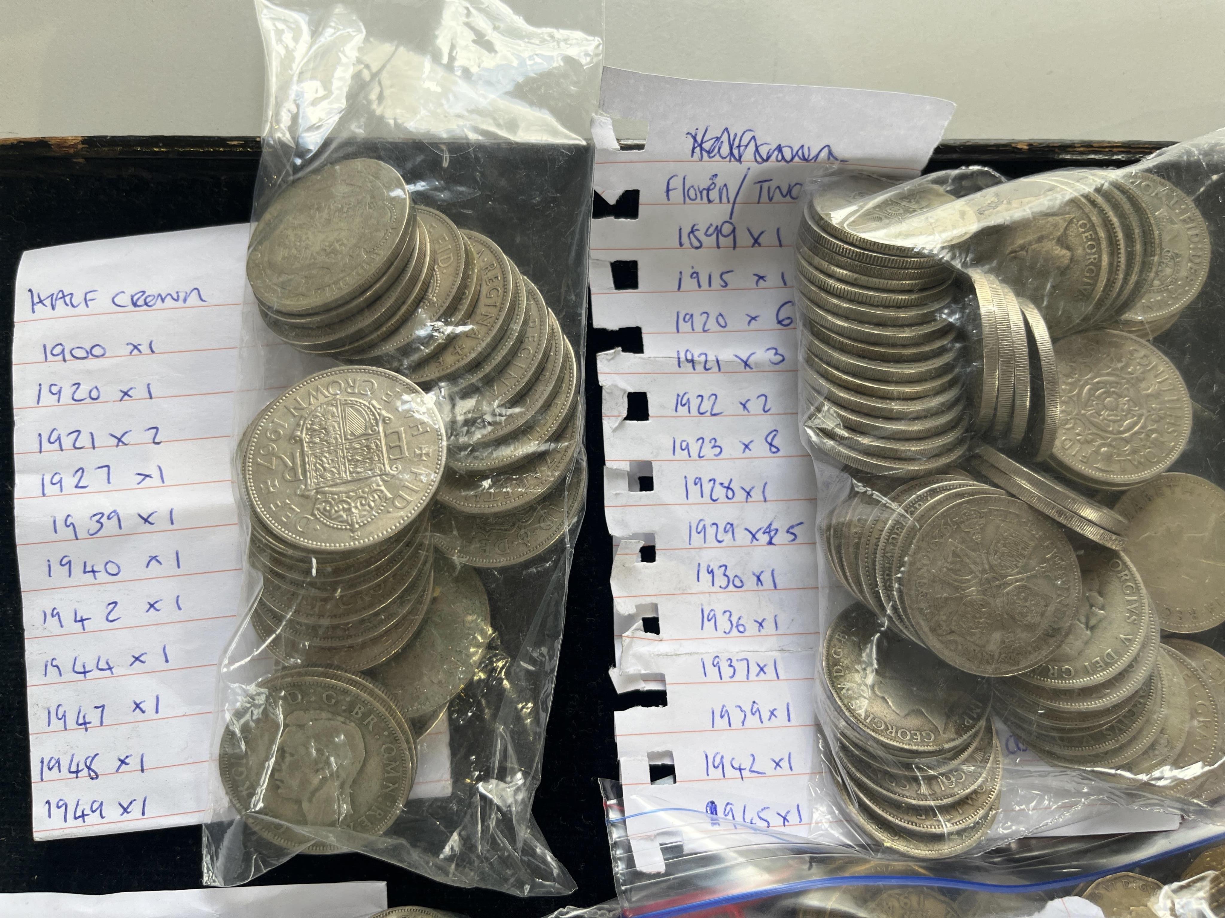 British coins, Victoria to Elizabeth II, comprising halfcrowns, shillings, florins, sixpences, silver and brass threepences, together with a Republic of France five francs , 1876